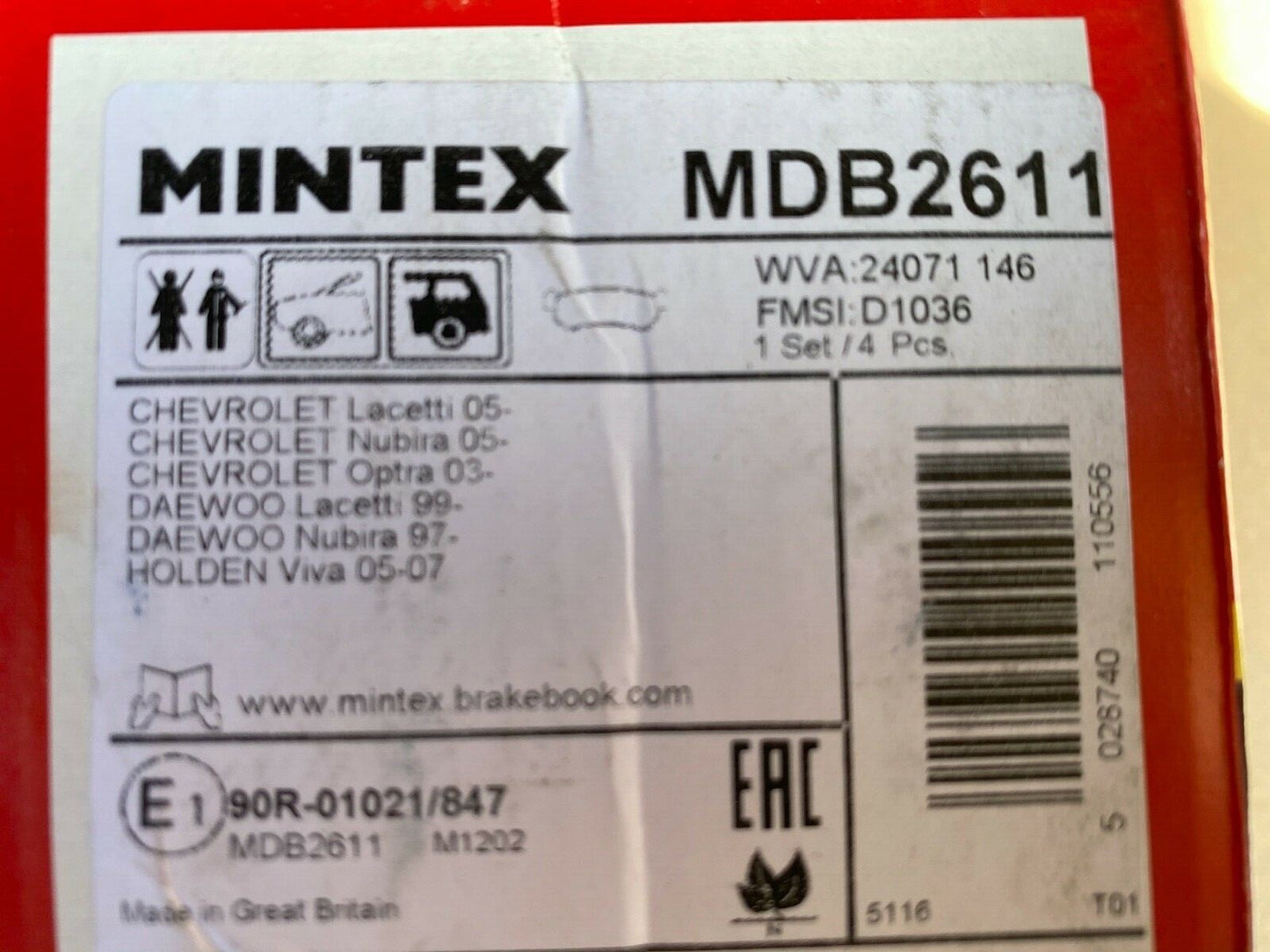 Mintex MDB2611 Rear Brake Pad Set fits Chevrolet Vauxhall Daewoo Holden