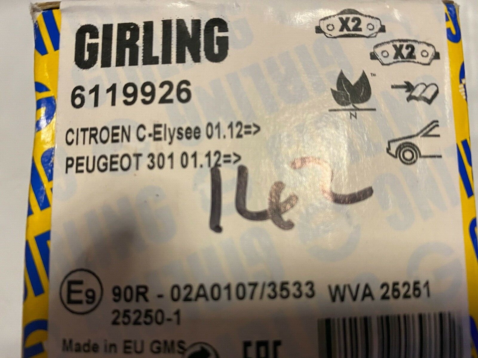 Girling 6119926 P61113 Front Brake Pad Set fits Citroen Peugeot