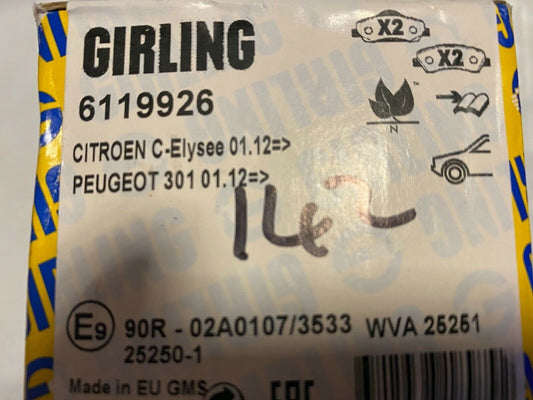 Girling 6119926 P61113 Front Brake Pad Set fits Citroen Peugeot