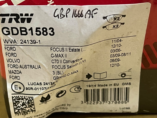 TRW GDB1583 Front Brake Pad Set fits Ford Focus C-Max Grand Volvo C70 Mazda 3