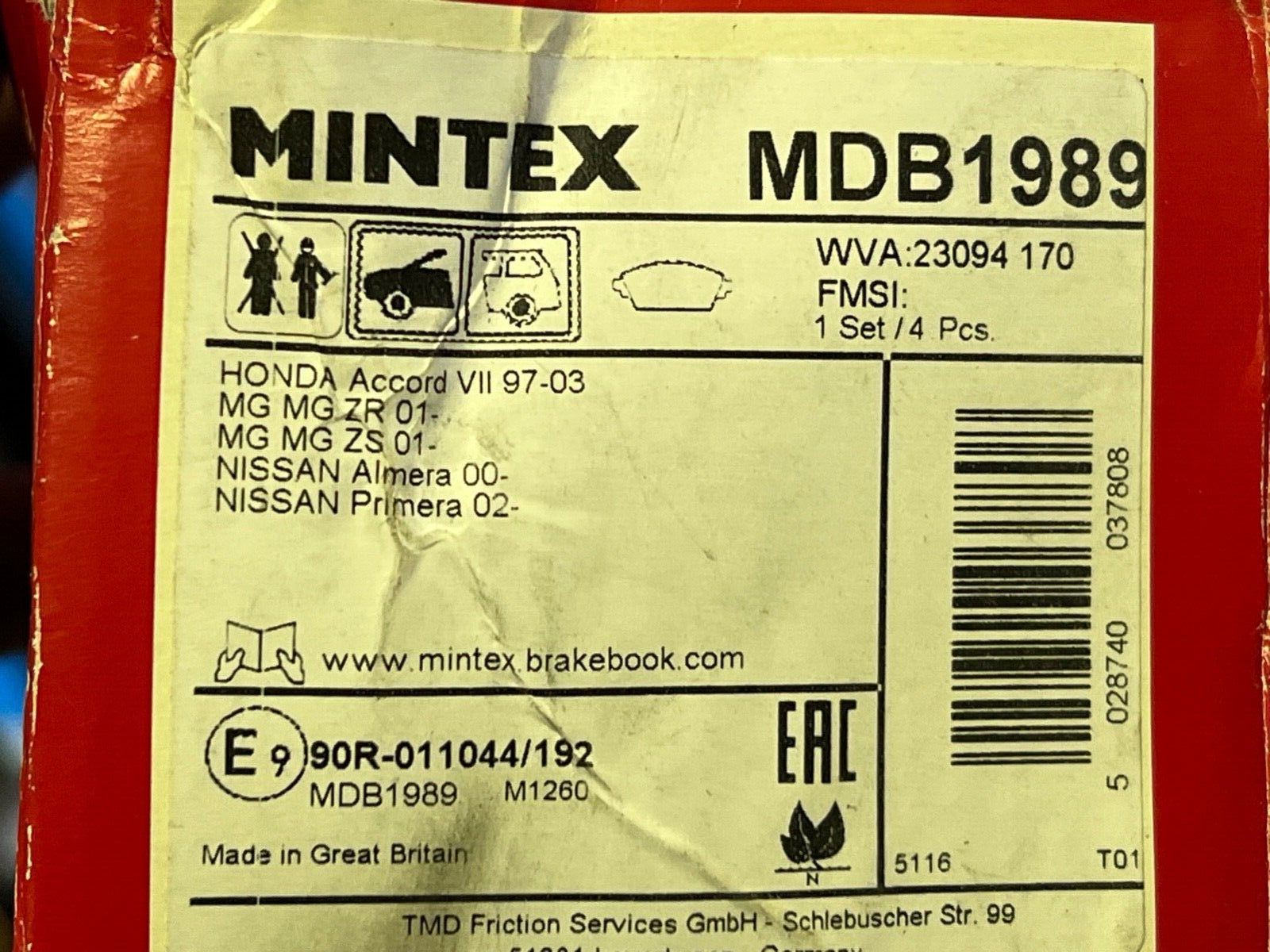 Mintex MDB1989 Front Brake Pad Set fits Honda MG Nissan