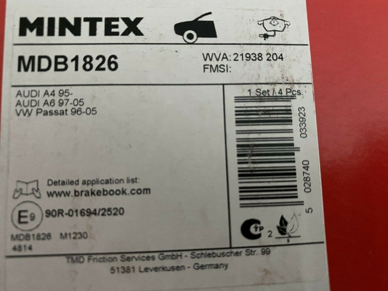Mintex MDB1826 Front Brake Pad Set fits VW Volkswagon Audi