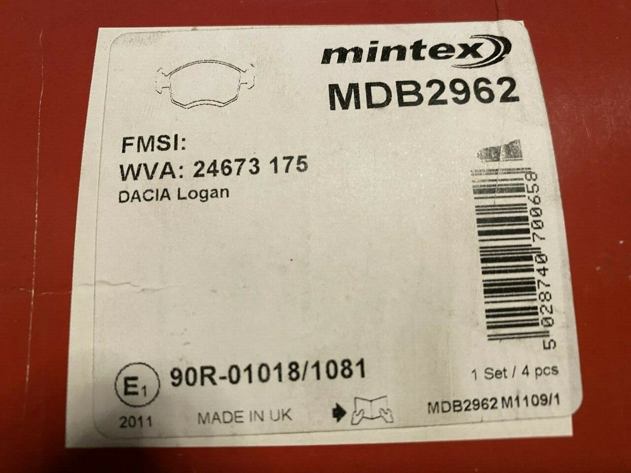 Mintex MDB2962 Front Brake Pad Set fits Dacia