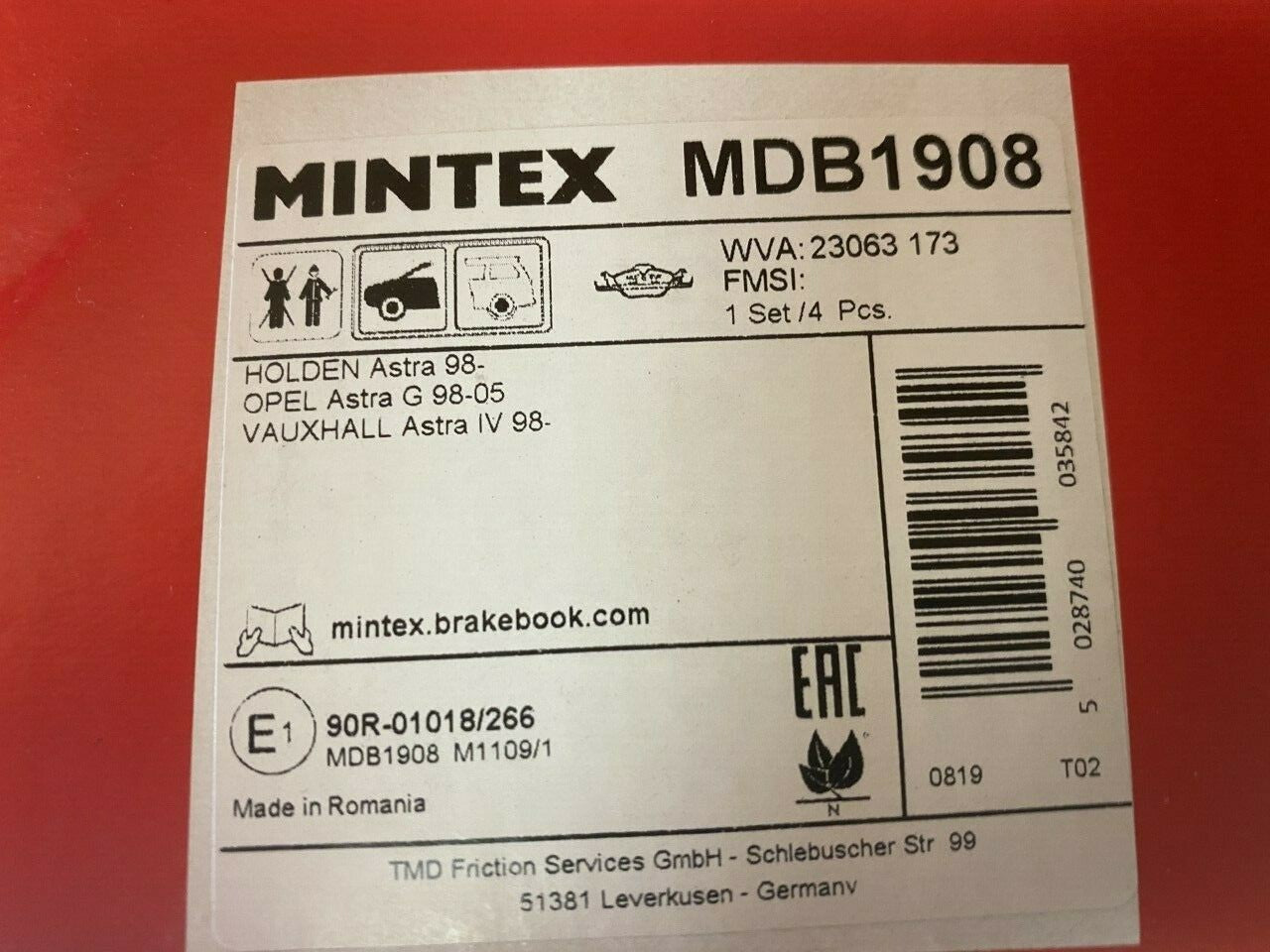 Mintex MDB1908 Front Brake Pad Set fits Opel Vauxhall