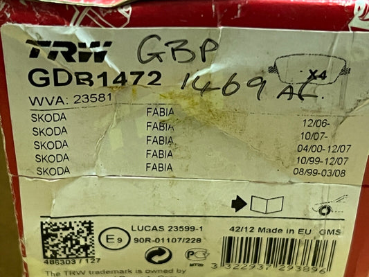 TRW GDB1472 Front Brake Pad Set fits Skoda Fabia Rooster Seat Ibiza VW Polo