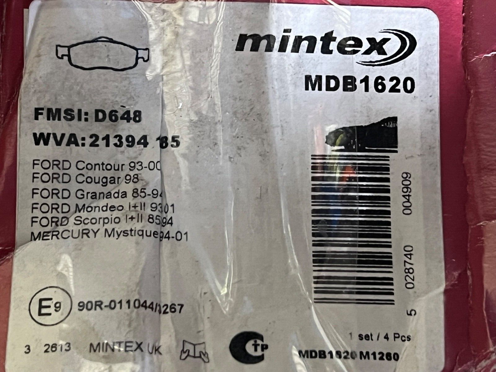Mintex MDB1620 Front Brake Pad Set fits Ford Cougar Granada Mondeo Scorpio