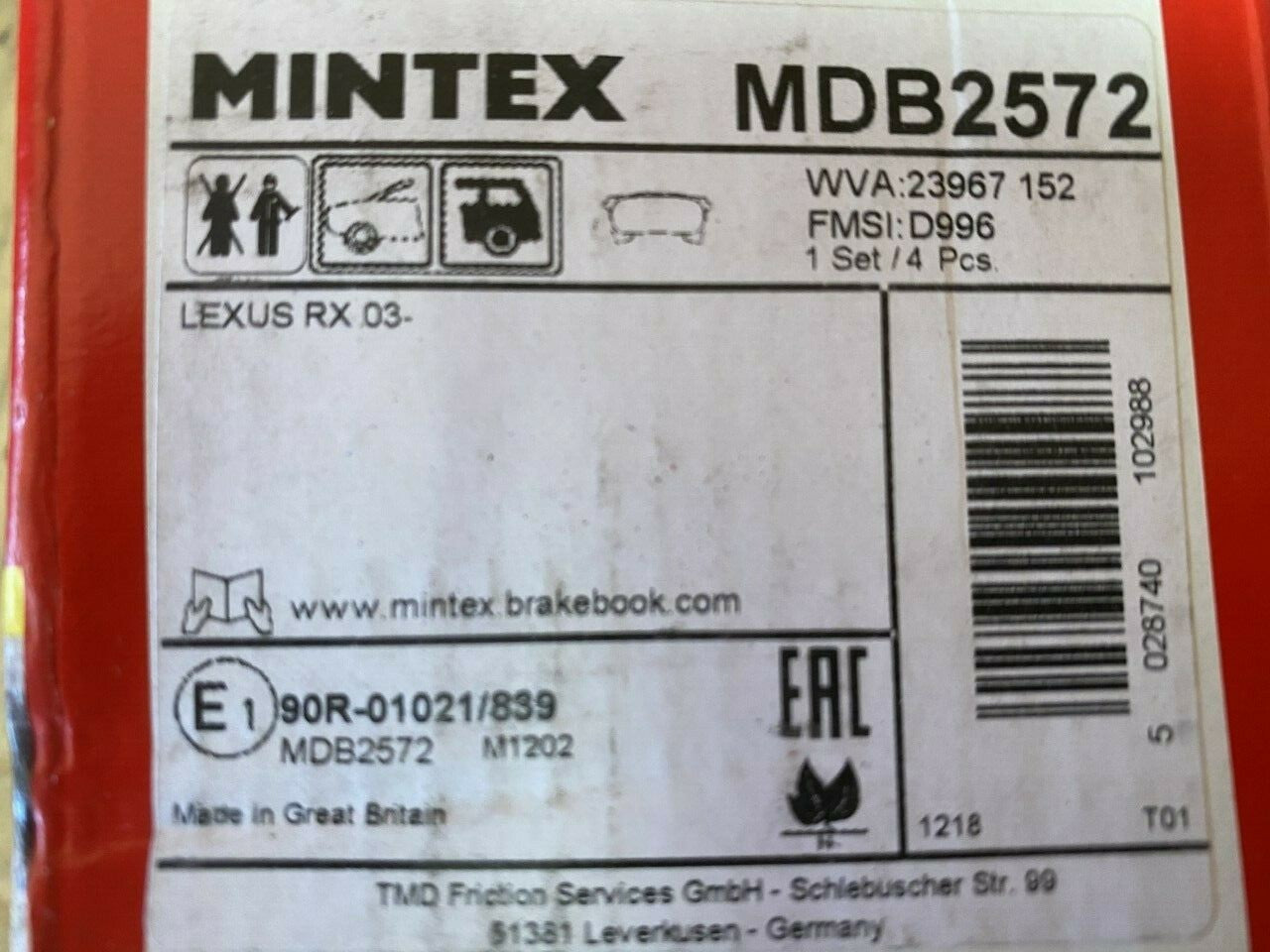Mintex MDB2572 Rear Brake Pad Set fits Lexus Toyota