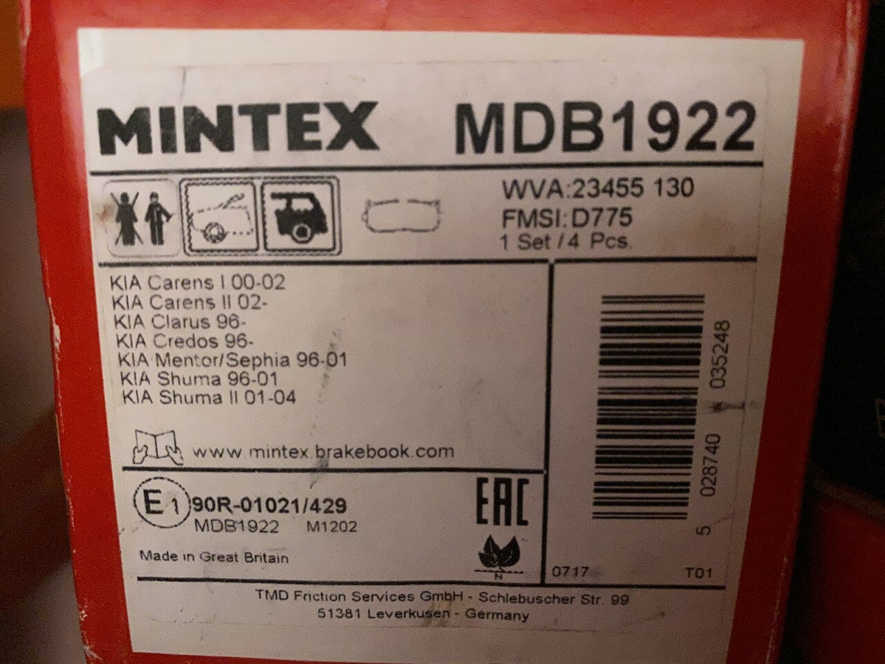 Mintex MDB1922 Rear Brake Pad Set fits Kia