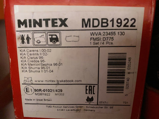 Mintex MDB1922 Rear Brake Pad Set fits Kia