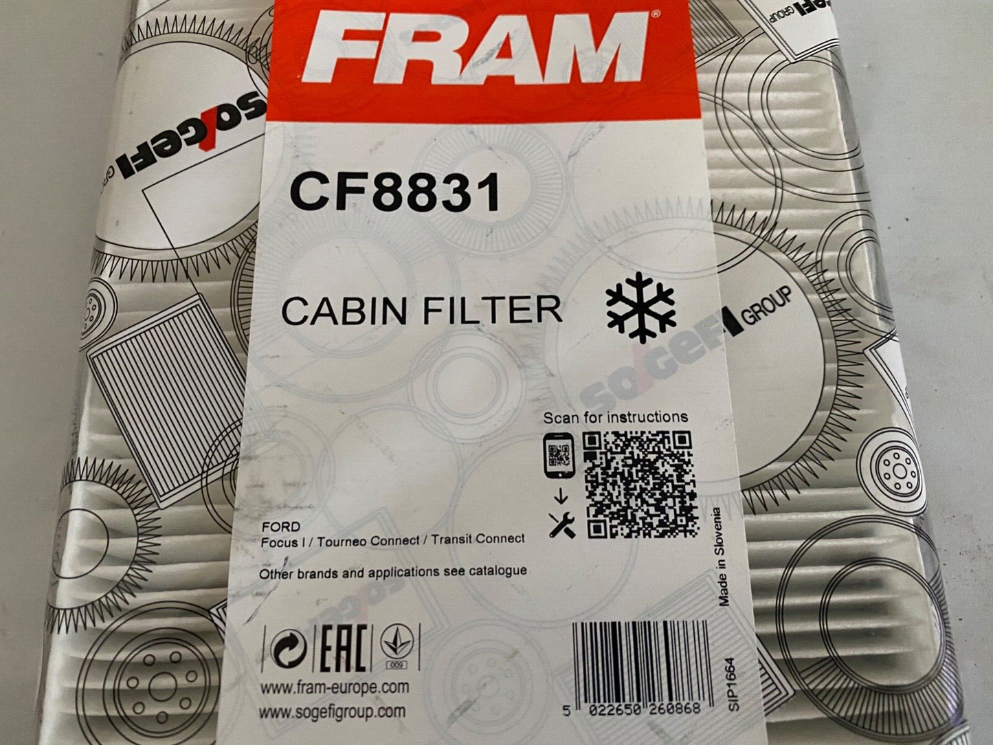 Fram CF8831 Cabin Pollen Filter fits Ford Focus Tourneo Connect Transit Connect