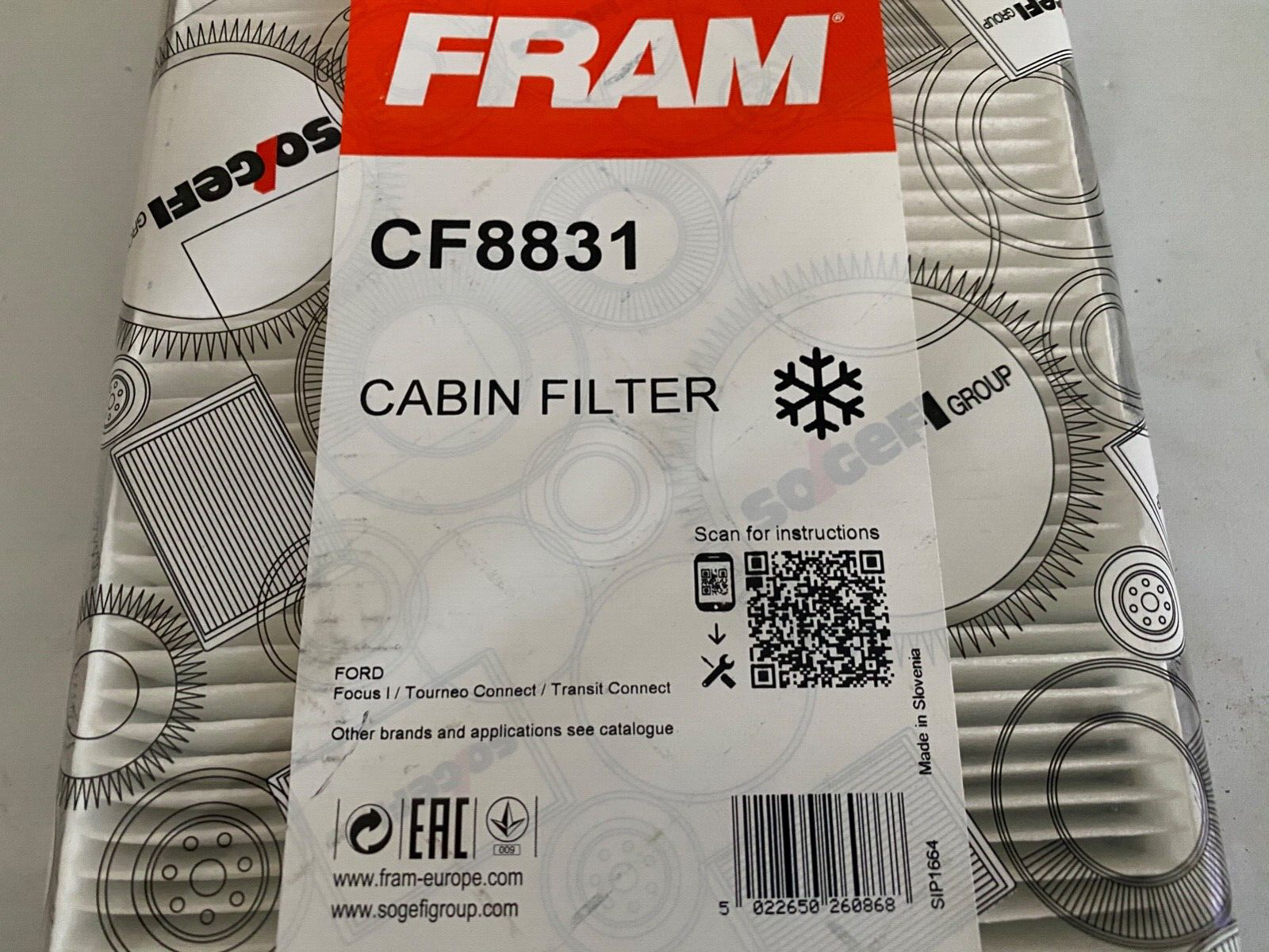 Fram CF8831 Cabin Pollen Filter fits Ford Focus Tourneo Connect Transit Connect