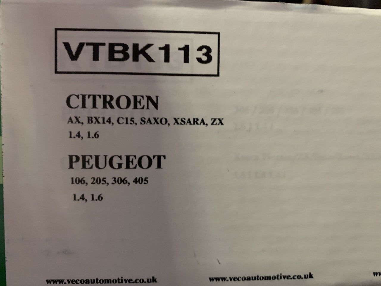 Veco VTBK113 Timing Belt Kit fits Citroen Peugeot 1.4 1.6