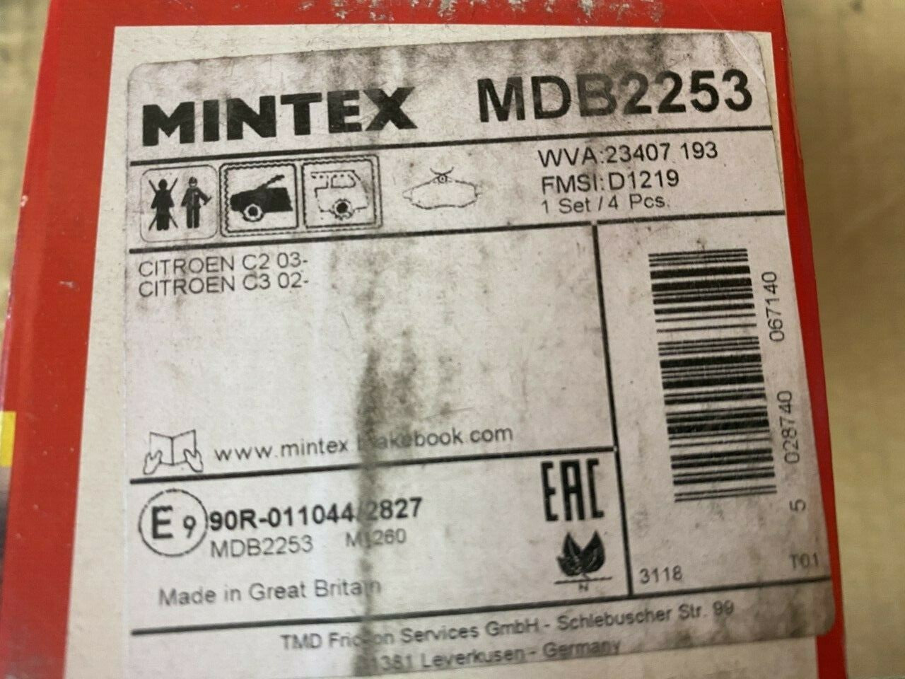 Mintex MDB2253 Front Brake Pad Set fits Citroen