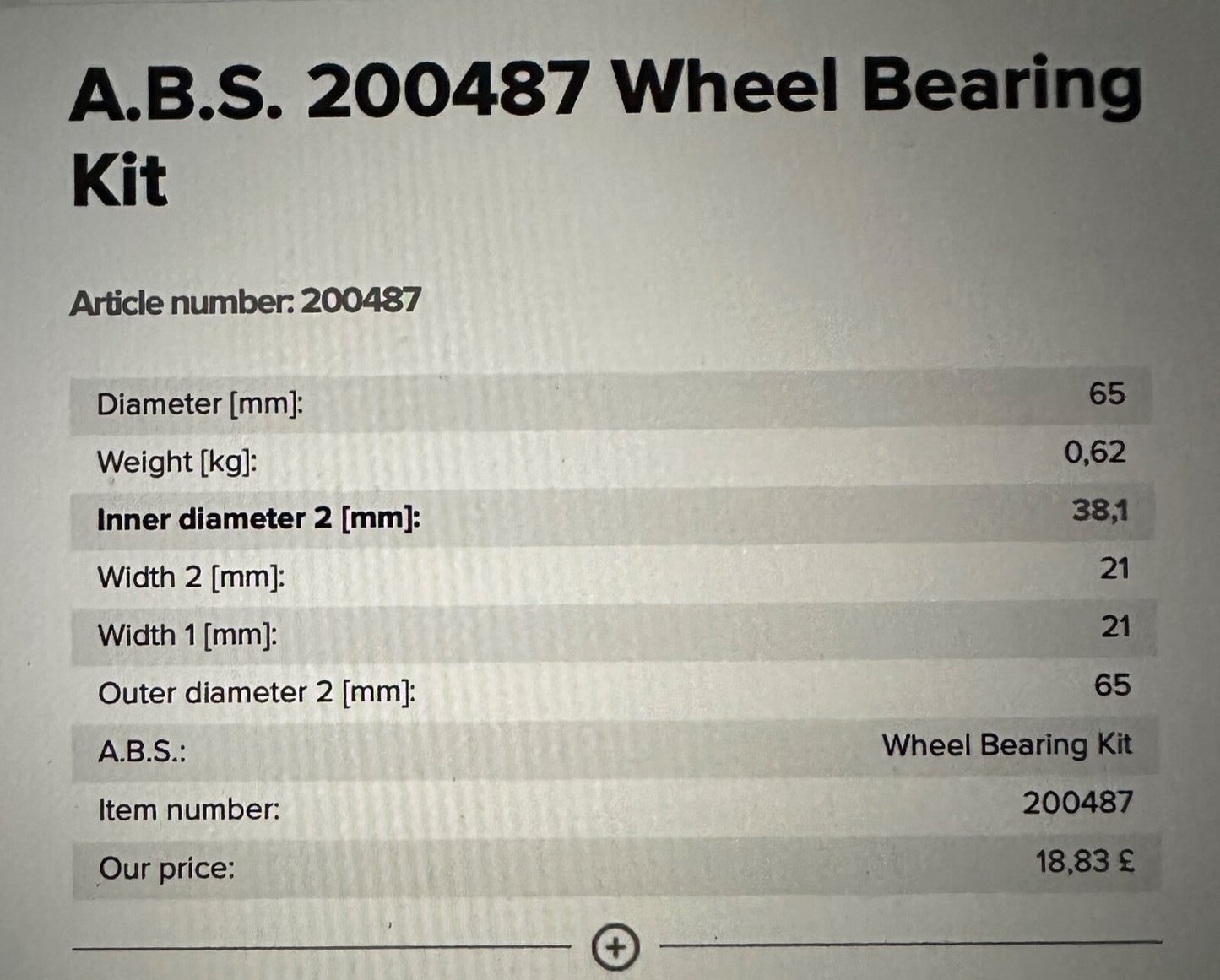 ABS 200487 Wheel Bearing fits Hyundai Mitsubishi