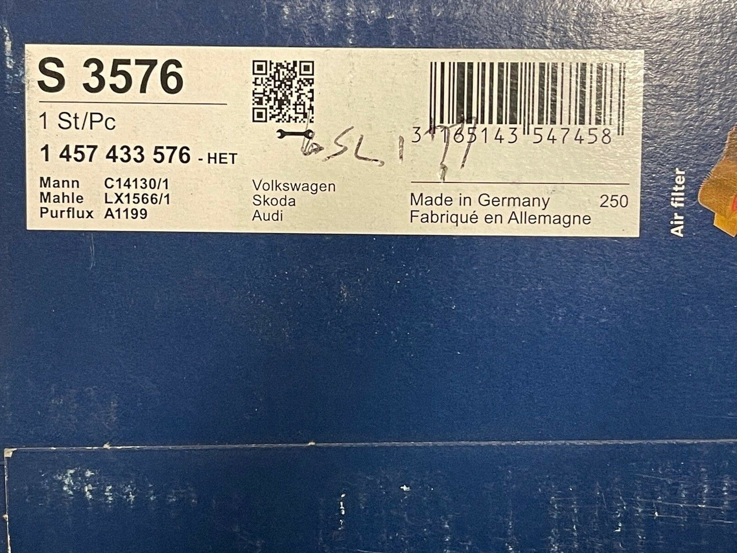 Bosch 1457433576 S3576 A1199 Air Filter fits Audi Seat Skoda VW