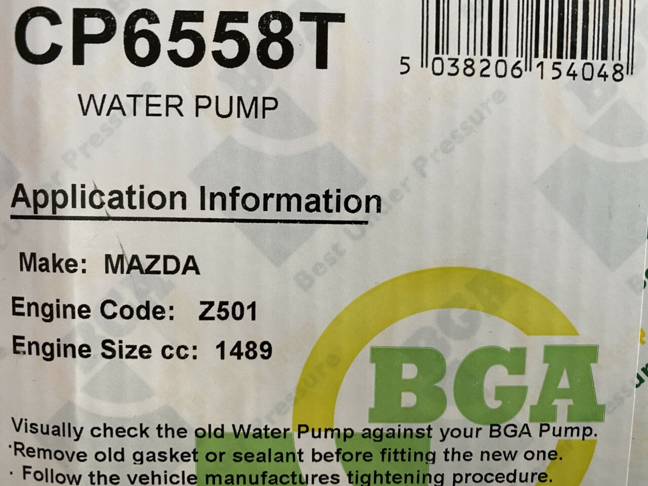 BGA CP6558T WP6302 Water Pump fits Mazda