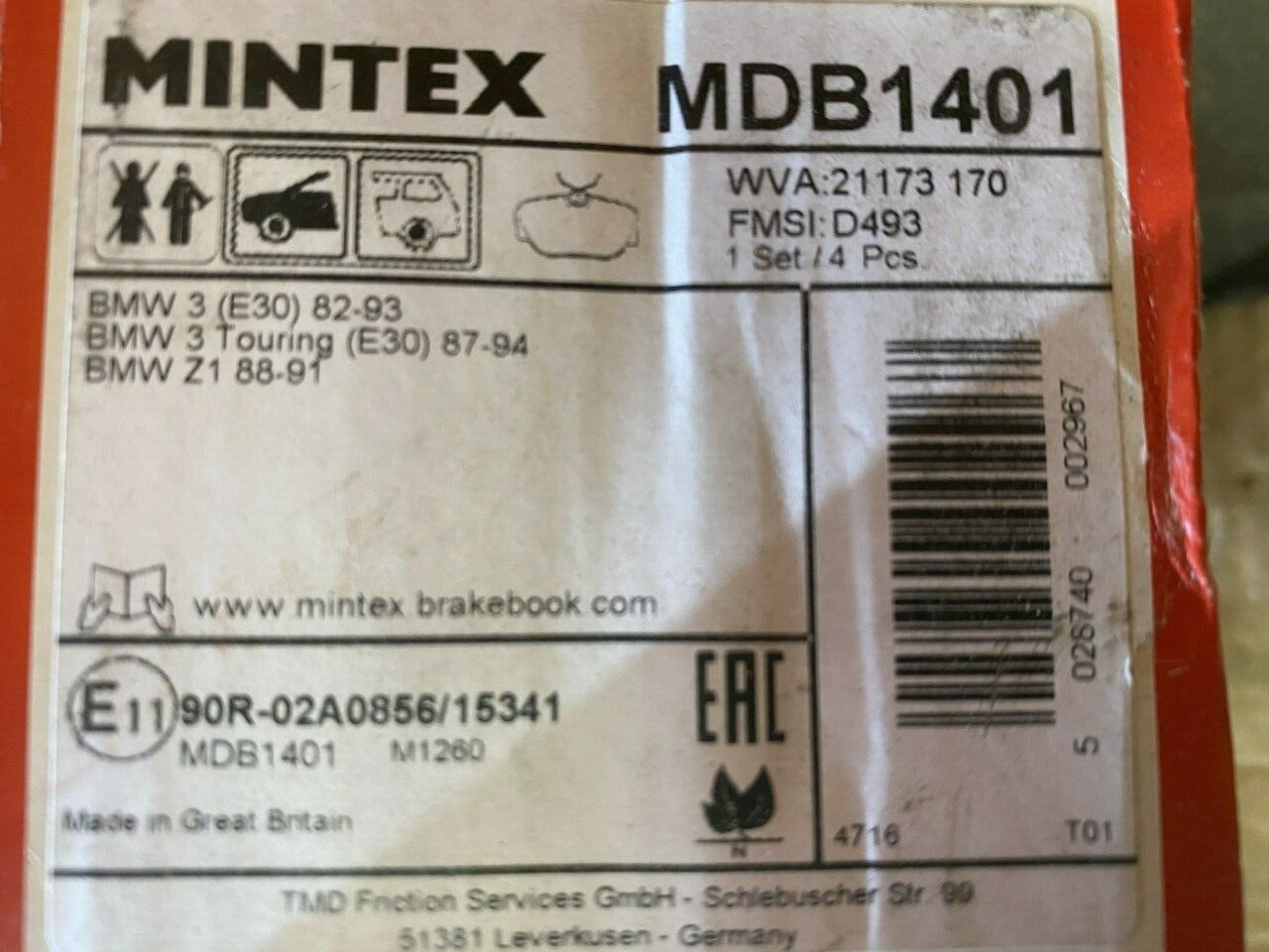 Mintex MDB1401 Front Brake Pad Set fits BMW