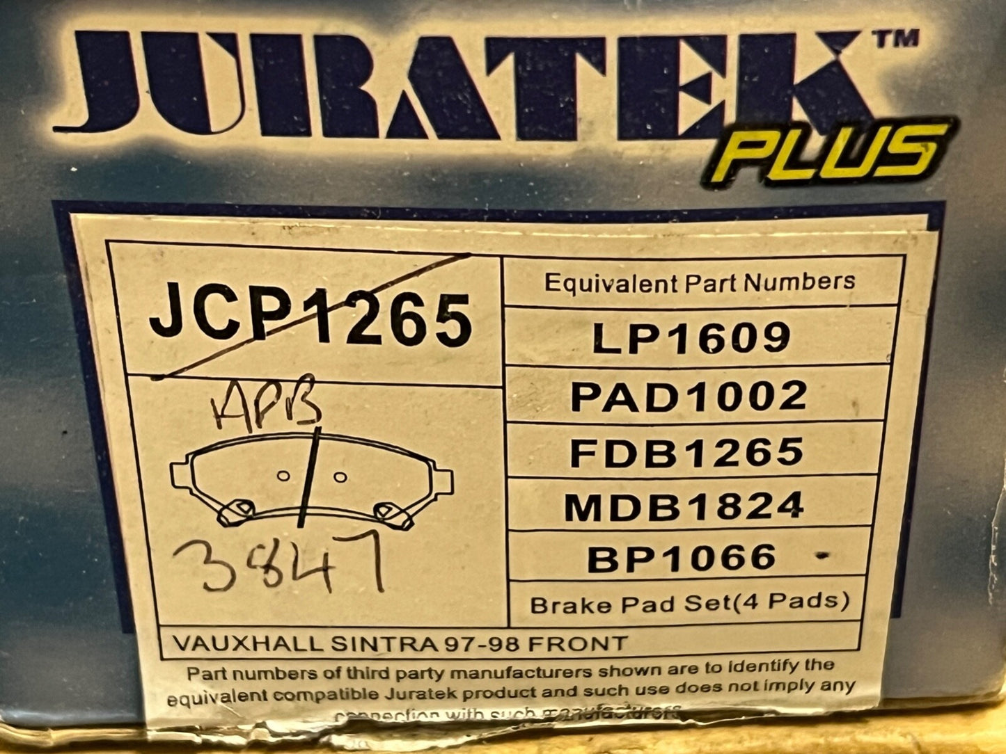 Juratek JCP1265 Front Brake Pad Set fits Vauxhall Sintra 1997-1998