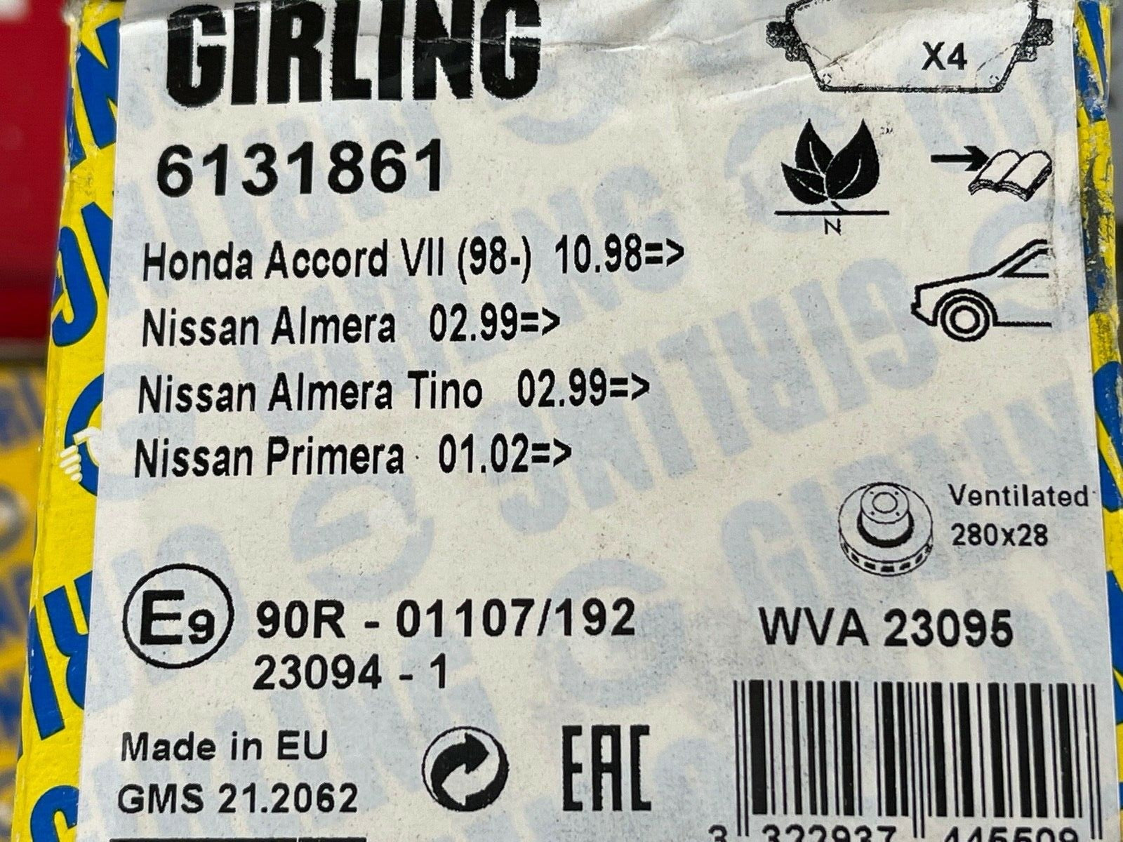 Girling 6131861 BBP1995 Front Brake Pad Set fits Honda Nissan