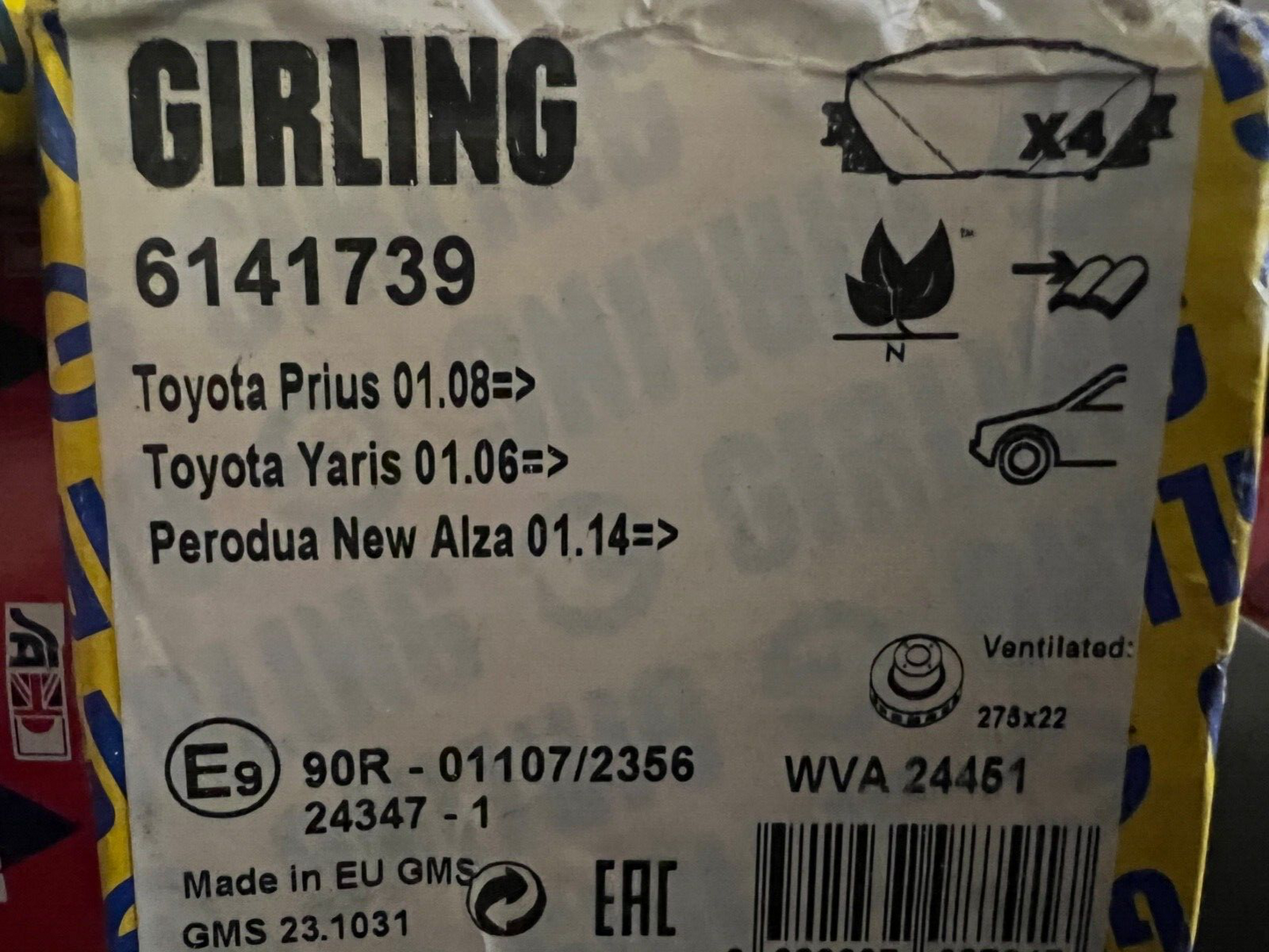 Front Brake Pads fits Toyota Prius Yaris Perodua Alzea Girling 6141739