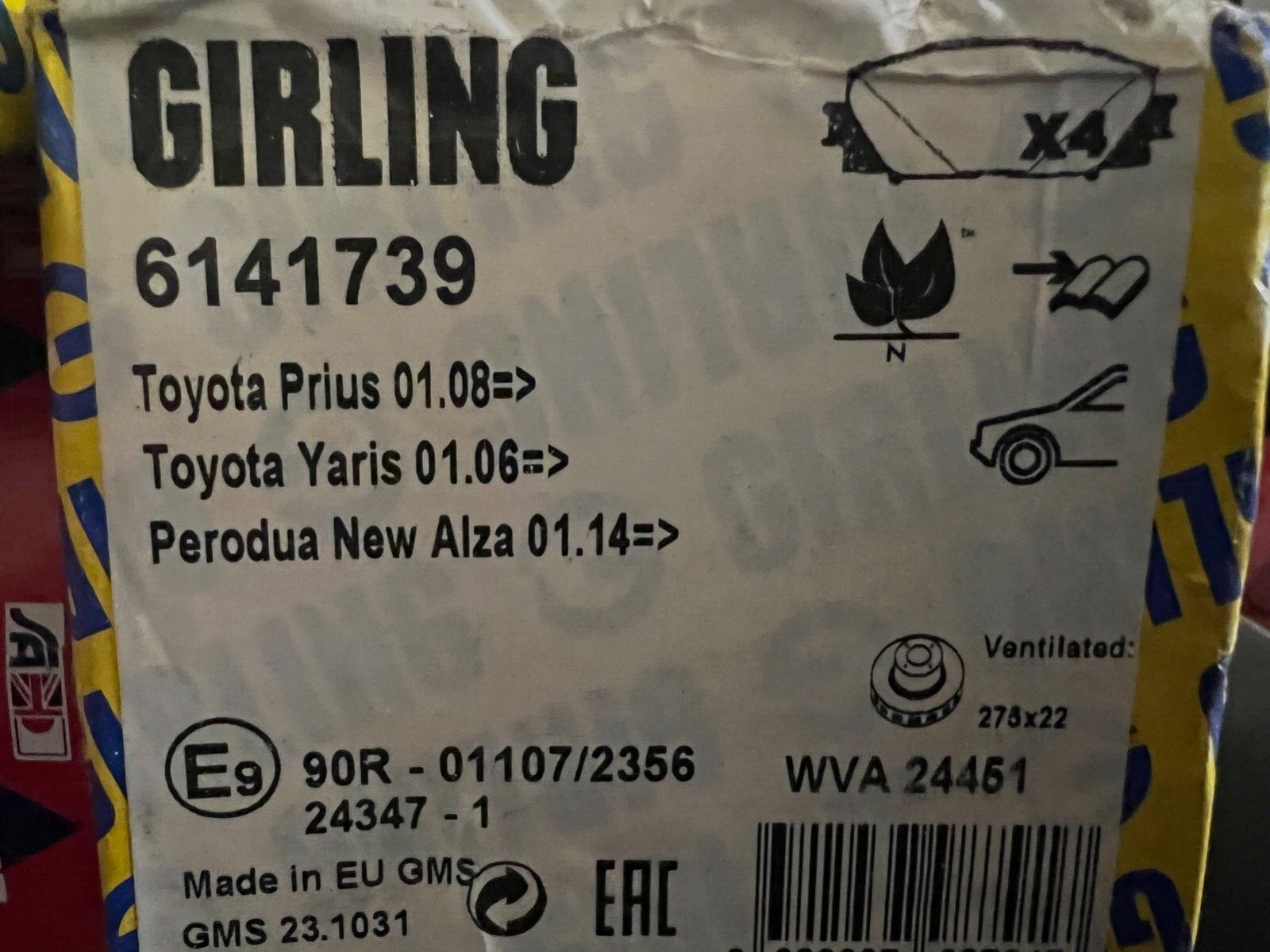 Front Brake Pads fits Toyota Prius Yaris Perodua Alzea Girling 6141739