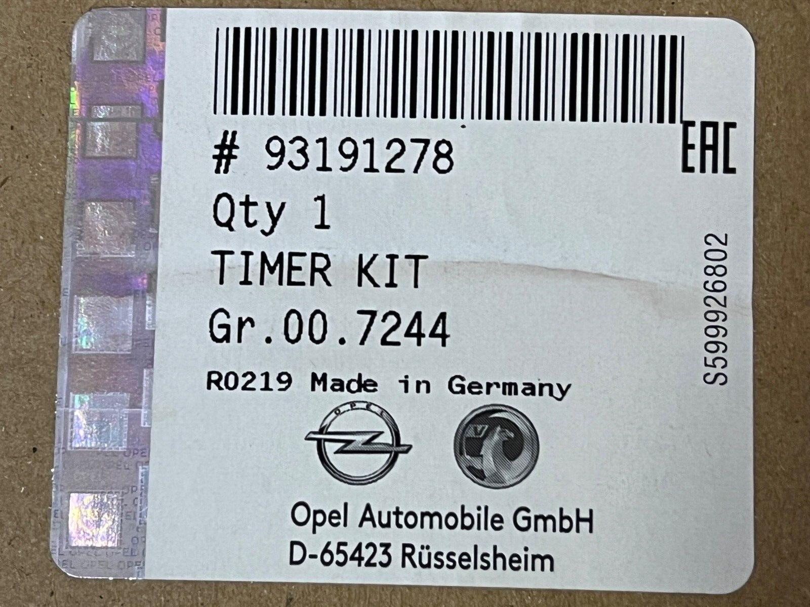 Genuine Vauxhall 93191278 Timing Belt Kit