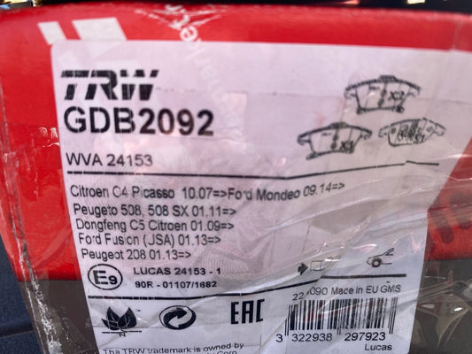 TRW GDB2092 Front Brake Pad Set fits Citroen Peugeot Ford
