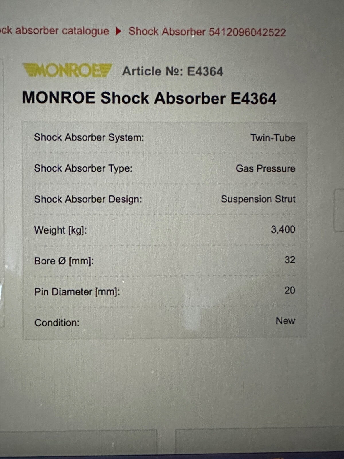E4364 Monroe Pair of Shock Absorbers fits Vauxhall
