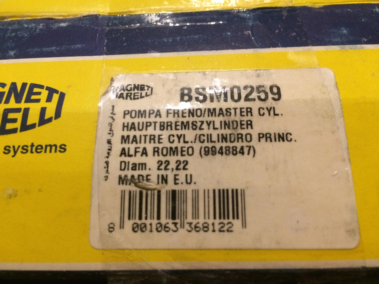 Brake Master Cylinder Alfa Romeo Magneti Marelli BSM0259 994887 NEW