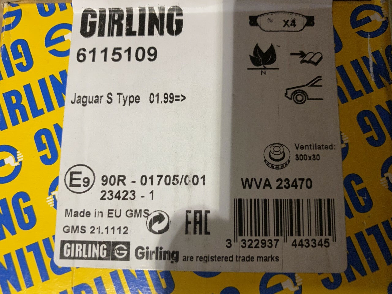 Girling 6115109 MDB2724 Front Brake Pad Set fits Jaguar