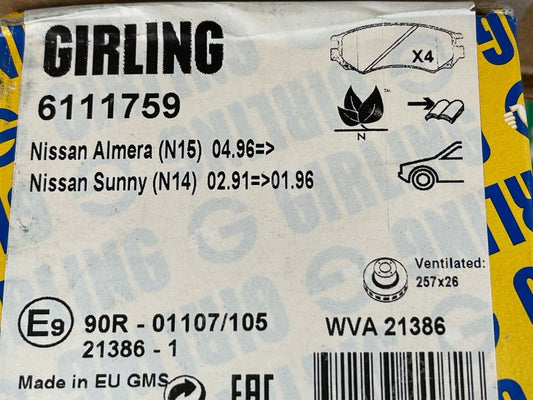 Girling 6111759 GDB1175 Front Brake Pad Set fits Nissan