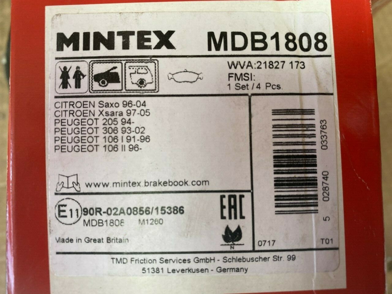 Mintex MDB1808 Front Brake Pad Set fits Citroen Peugeot