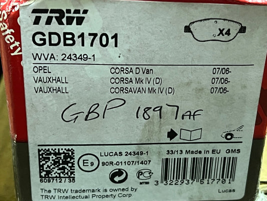 TRW GDB1701 Front Brake Pad fits Vauxhall Corsa D 07/2006 onwards Fiat 500L