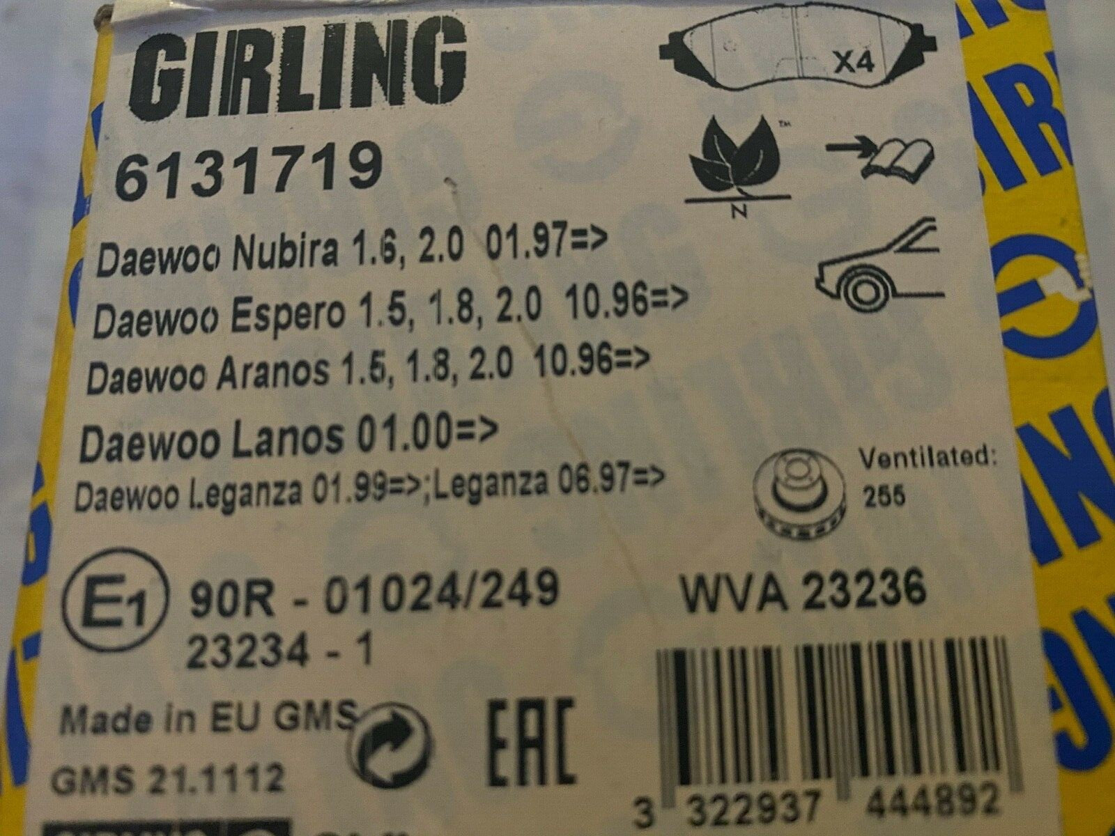 Girling 6131719 Front Brake Pad Set fits Daewoo Chevrolet