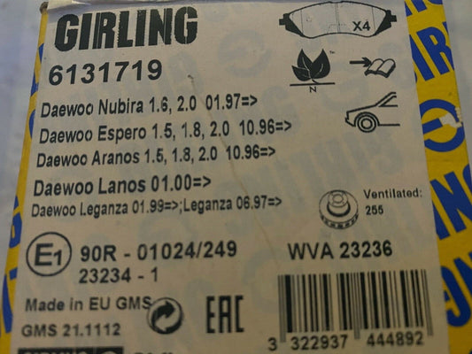 Girling 6131719 Front Brake Pad Set fits Daewoo Chevrolet