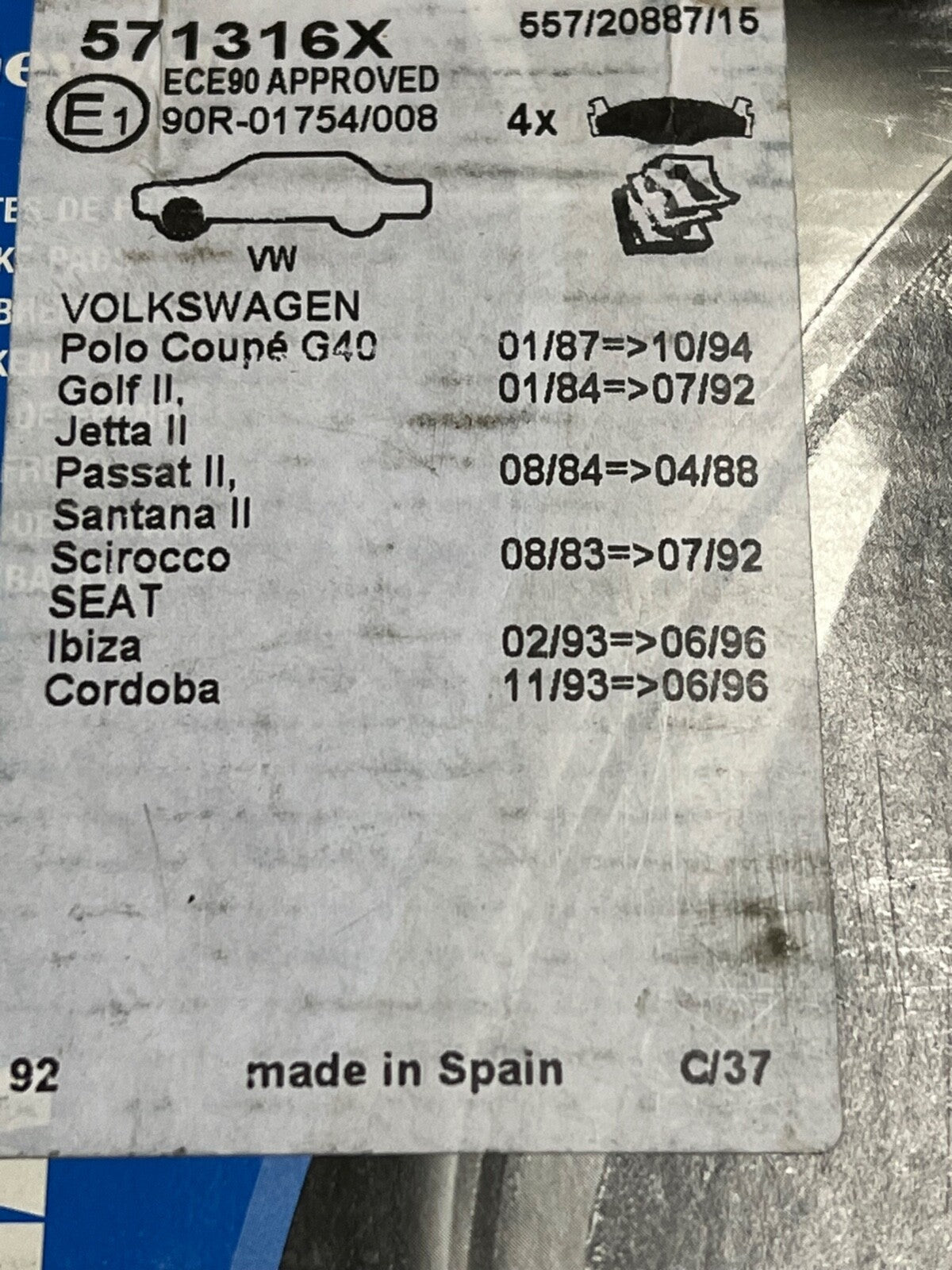 Bendix 571316X Front Brake Pad Set fits VW Seat