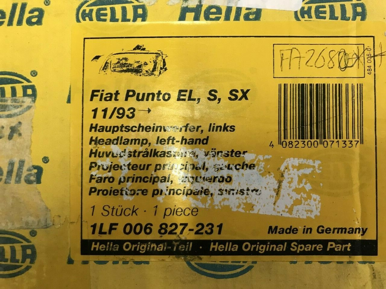 Headlight Fiat Punto MK1 Left Hand Passenger Side Near Side Hella 1LF 006 827231