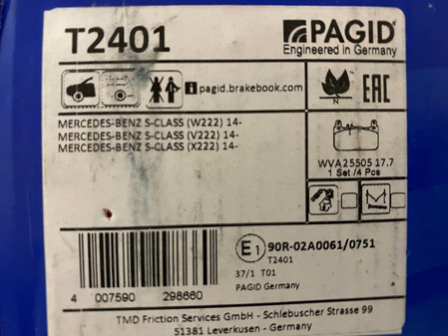 Pagid T2401 MDB3725 Front Brake Pad Set fits Mercedes