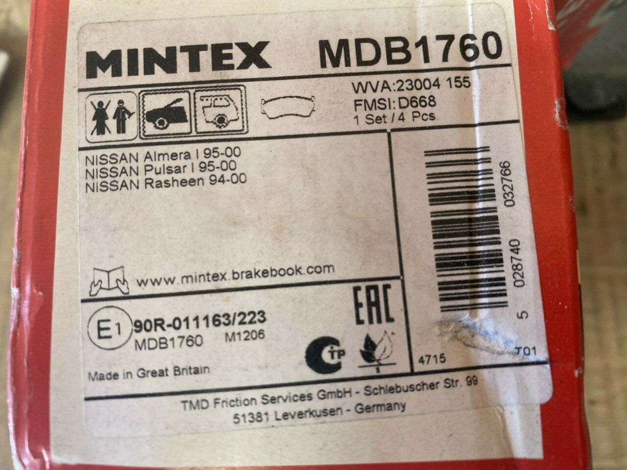 Mintex MDB1760 Front Brake Pad Set fits Nissan