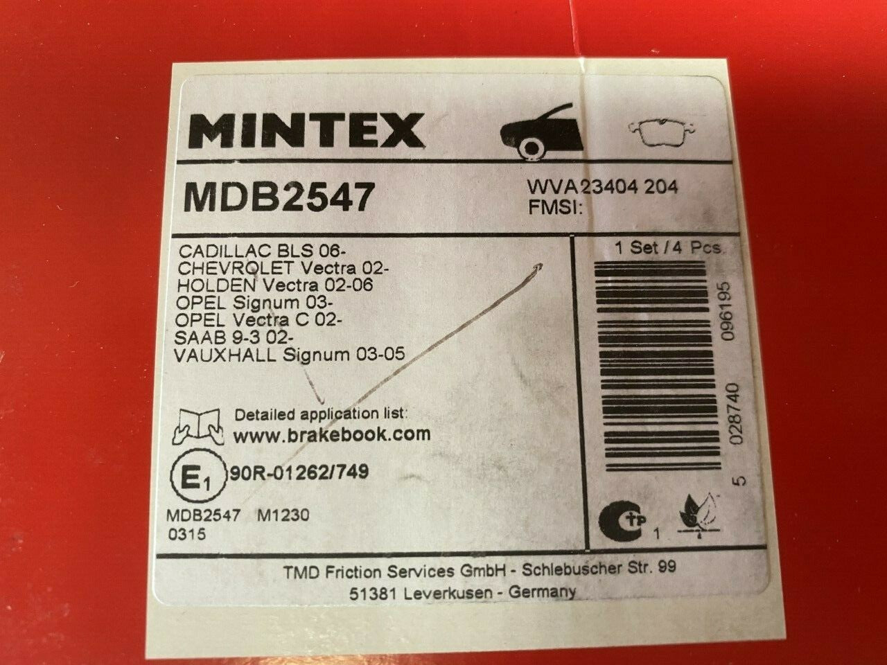 Mintex MDB2547 Front Brake Pad Set fits Vauxhall Opel Cadillac Saab