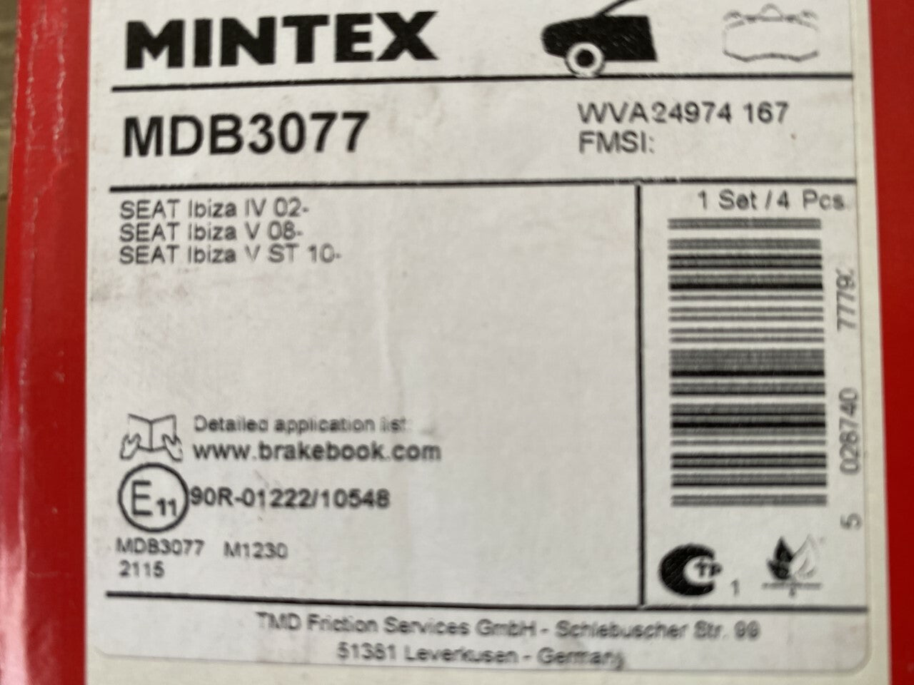 Mintex MDB3077 Front Brake Pad Set fits Seat Lotus