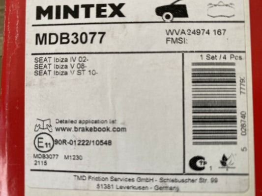 Mintex MDB3077 Front Brake Pad Set fits Seat Lotus