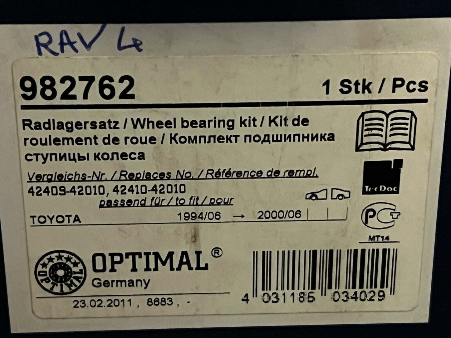 Optimal 982762 Rear Wheel Bearing Kit fits Toyota RAV4